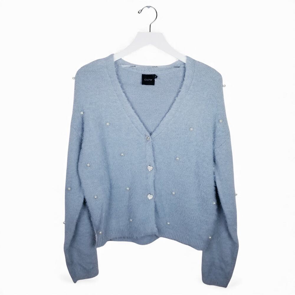 CLICHÉ Sweater Wool Eyelash Knit Baby Blue w/ Pearls & Crystal Heart Buttons XL